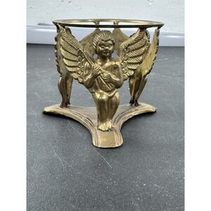 Vintage Brass Cherub Angel Candle Holder Plant Stand Natural Patina 3" Art Deco
